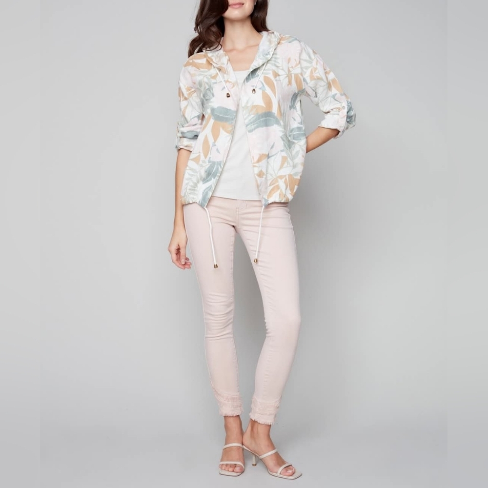 NWT Charlie B Printed Coastal Linen Blend Duster Jacket With Hood Open Front